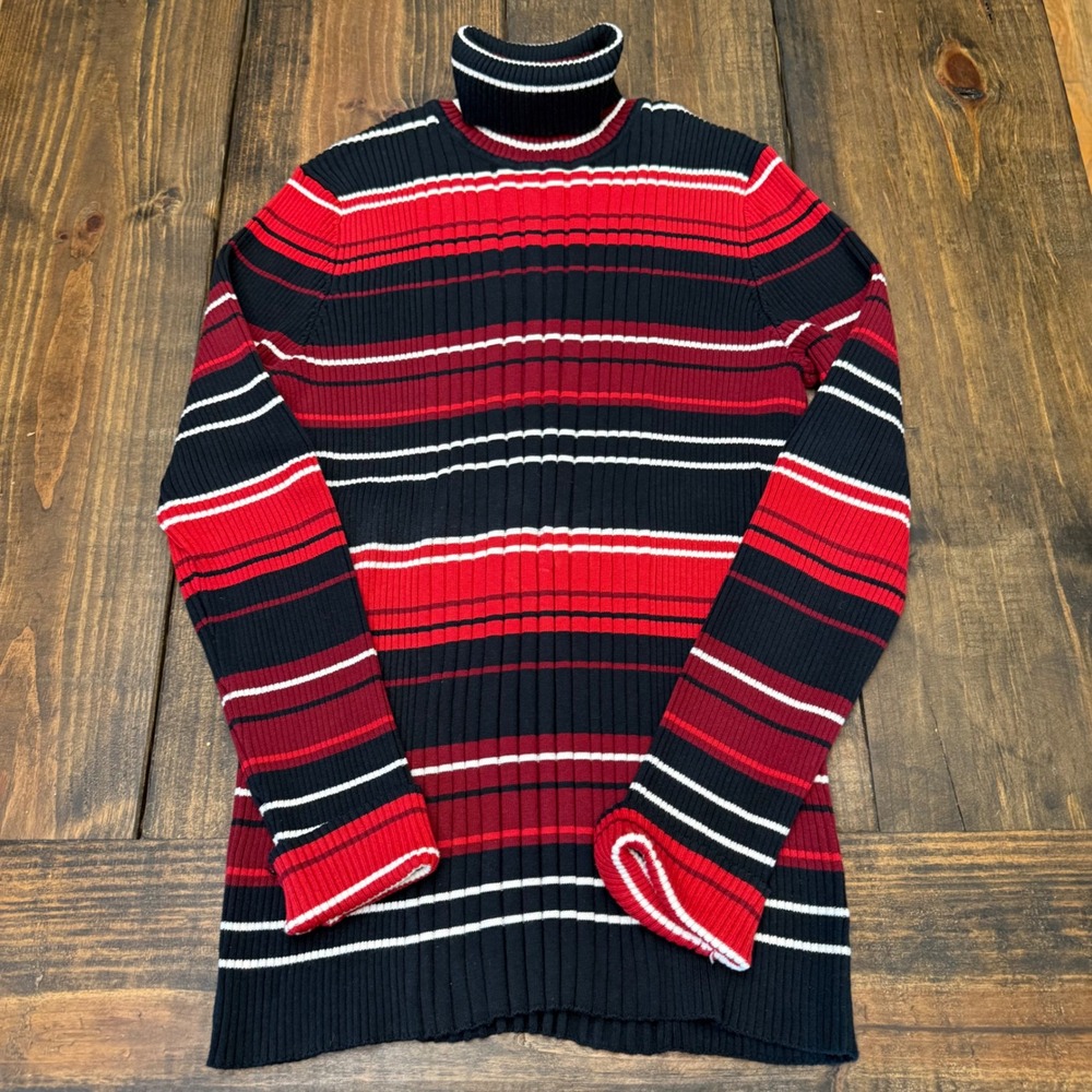 Jones New York Signature Womens XL Red Black Striped Ribbed Cotton Turtleneck